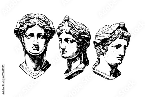 Foto Set of antique statue head of greek sculpture sketch engraving style vector illu