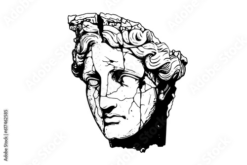 Сracked statue head of greek sculpture sketch engraving style vector illustration.