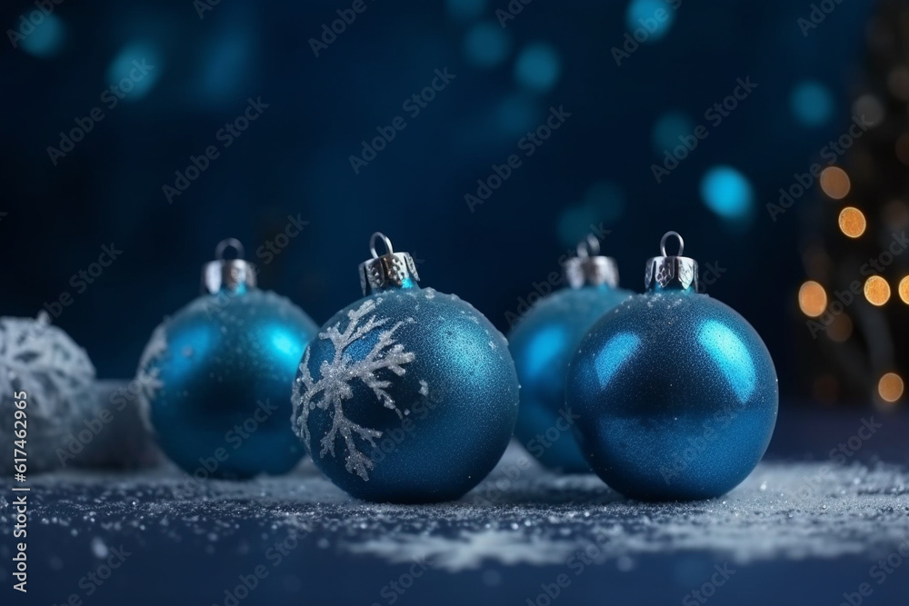 Fototapeta premium Christmas ornaments, xmas ball in blue colors with copy space. Festive background. Generative AI