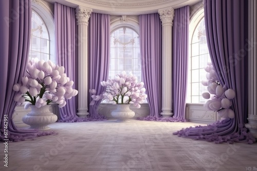 Abstract violet 3d studio background. room with flowers columns curtains  AI generated