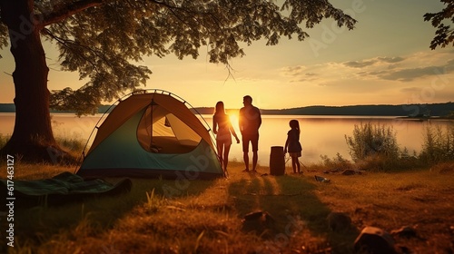 camping at sunset on a lake