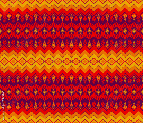 Embroidery indian aztec ethnic pattern in red, yellow and purple vector illustration design for fabric, mat, carpet, scarf, wrapping paper, tile and more