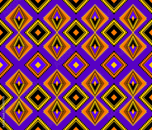 Embroidery indian aztec ethnic pattern in orange and purple vector illustration design for fabric, mat, carpet, scarf, wrapping paper, tile and more