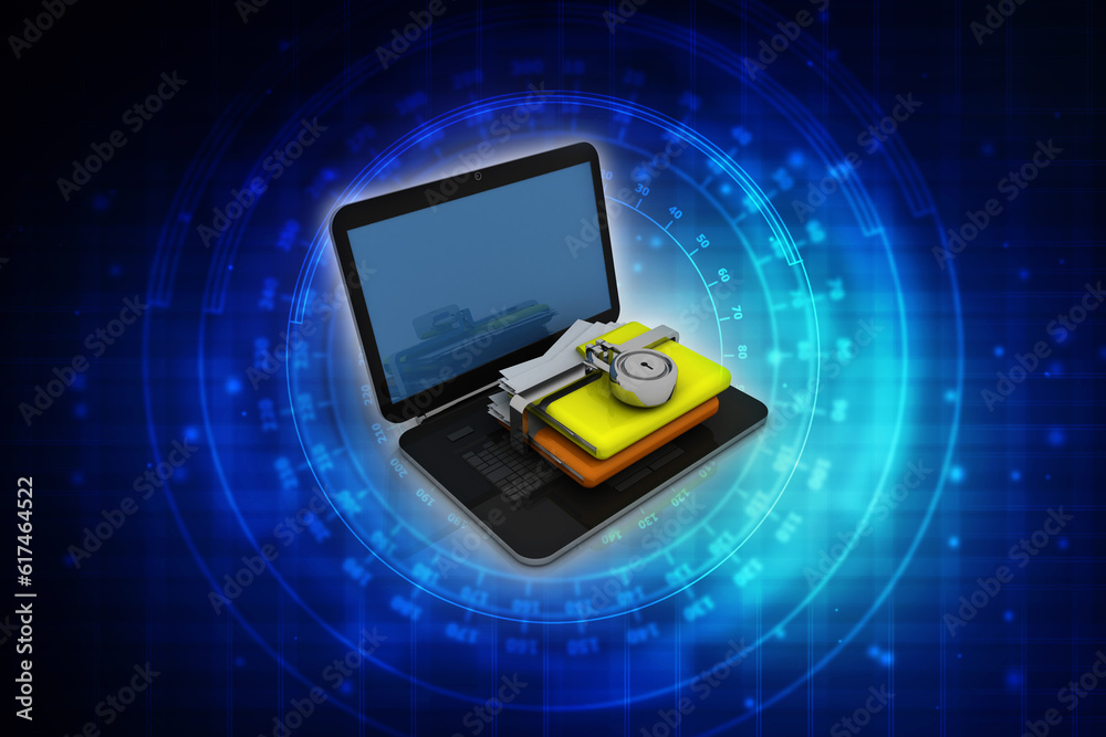 3d rendering Folder on laptop with lock