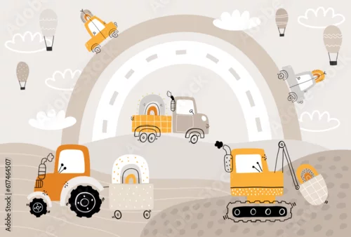 Obraz Vector children hand drawn cute construction cars, mountain landscape, balloons and clouds. Boho trendy design. Scandinavian. Illustration. Kids wallpaper design. Baby room design, wall decor, mural.