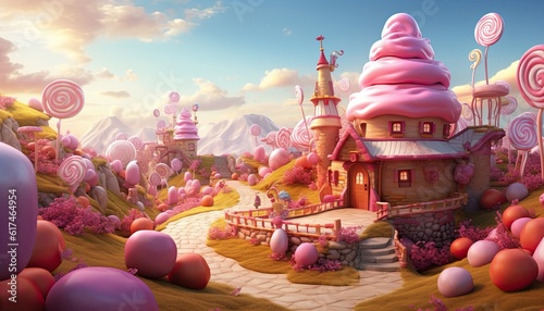 Generative AI illustration of a sweet and magical world with candy land landscape and gingerbread fantasy house photo