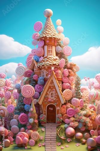 Generative AI illustration of a sweet and magical world with candy land landscape and gingerbread fantasy house