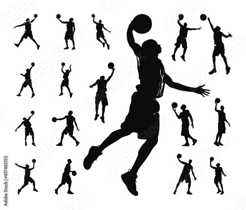 set of silhouette poses of man playing basketball