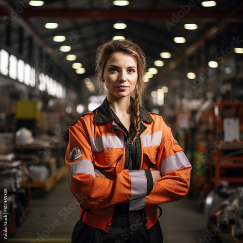 Female engineer in a logistics warehouse. Generative AI.