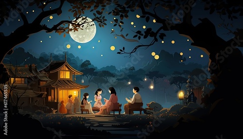 Photo Generative AI illustration of a rural setting during the Mid Autumn Festival