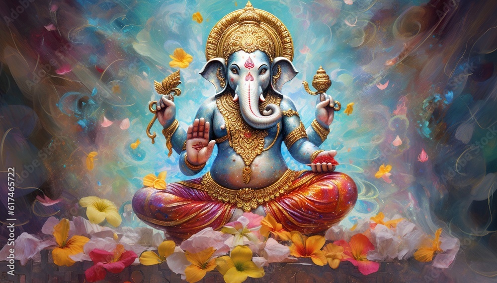 Generative AI illustration of Ganesha Hindu God, with flowers, oil painting taken up into heaven, sitting in front of bokeh mandala background