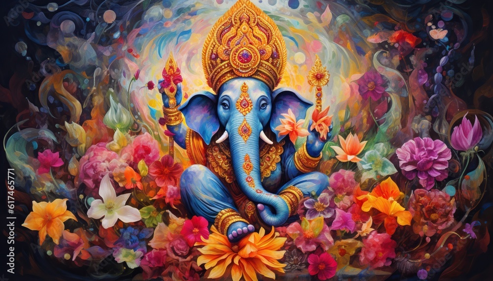 Generative AI illustration of Ganesha Hindu God, with flowers, oil painting taken up into heaven, sitting in front of bokeh mandala background