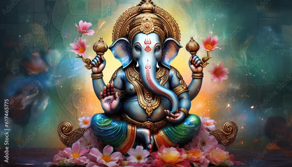 Generative AI illustration of Ganesha Hindu God, with flowers, oil