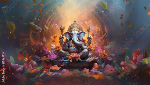 Obraz na plátně Generative AI illustration of Ganesha Hindu God, with flowers, oil painting take