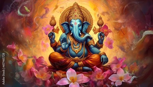 Generative AI illustration of Ganesha Hindu God, with flowers, oil painting taken up into heaven, sitting in front of bokeh mandala background