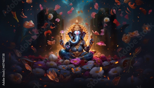 Generative AI illustration of Ganesha Hindu God, with flowers, oil painting taken up into heaven, sitting in front of bokeh mandala background