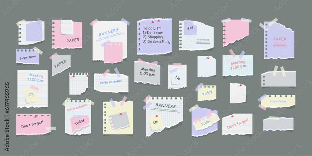 Information reminder. Paper notes on stickers, notepads and memo messages torn paper sheets. Blank notepaper of meeting reminder, to do list and office notice or information board. Vector illustration
