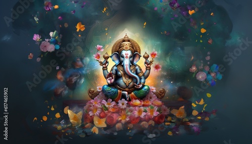 Generative AI illustration of Ganesha Hindu God, with flowers, oil painting taken up into heaven, sitting in front of bokeh mandala background