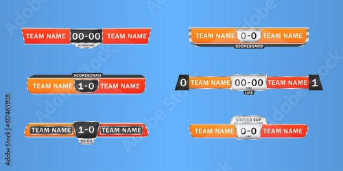 Scoreboard broadcast graphics and lower third template for sport soccer and football. Sport scoreboard with time and result display. Soccer score graphic for playing football. Vector illustration.