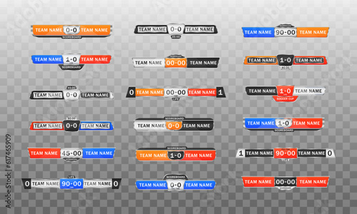 Scoreboard broadcast graphics and lower third template for sport soccer and football. Sport scoreboard with time and result display. Soccer score graphic for playing football. Vector illustration.