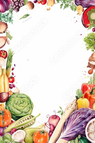 Healthy food frame. Watercolor illustration of fresh vegetables and fruits