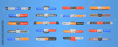 Scoreboard broadcast graphics and lower third template for sport soccer and football. Sport scoreboard with time and result display. Soccer score graphic for playing football. Vector illustration.