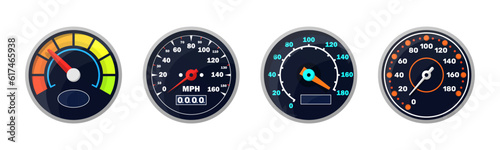 Set of isolated speedometers for dashboard. Analog device for measuring speed and futuristic speedometer, technology gauge with arrow or pointer for vehicle panel, web download speed sign
