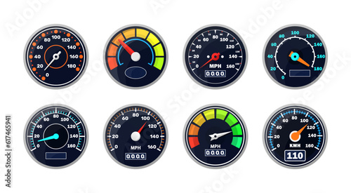Set of isolated speedometers for dashboard. Analog device for measuring speed and futuristic speedometer, technology gauge with arrow or pointer for vehicle panel, web download speed sign

