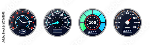 Set of isolated speedometers for dashboard. Analog device for measuring speed and futuristic speedometer, technology gauge with arrow or pointer for vehicle panel, web download speed sign
