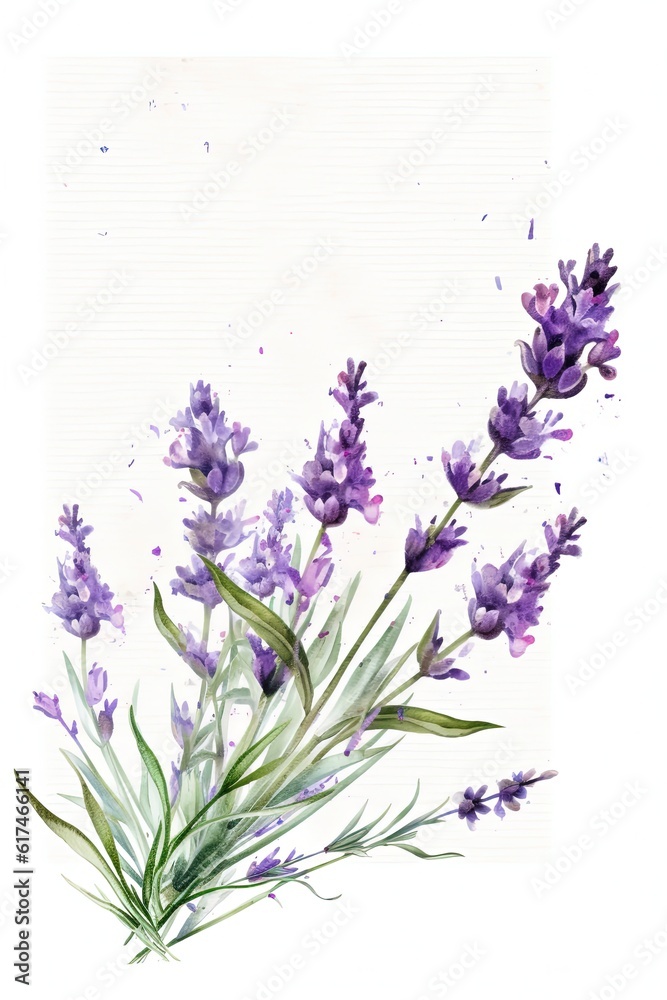Fototapeta premium Watercolor lavender flowers on white background. Hand drawn illustration. Place for text. Greeting card template.
