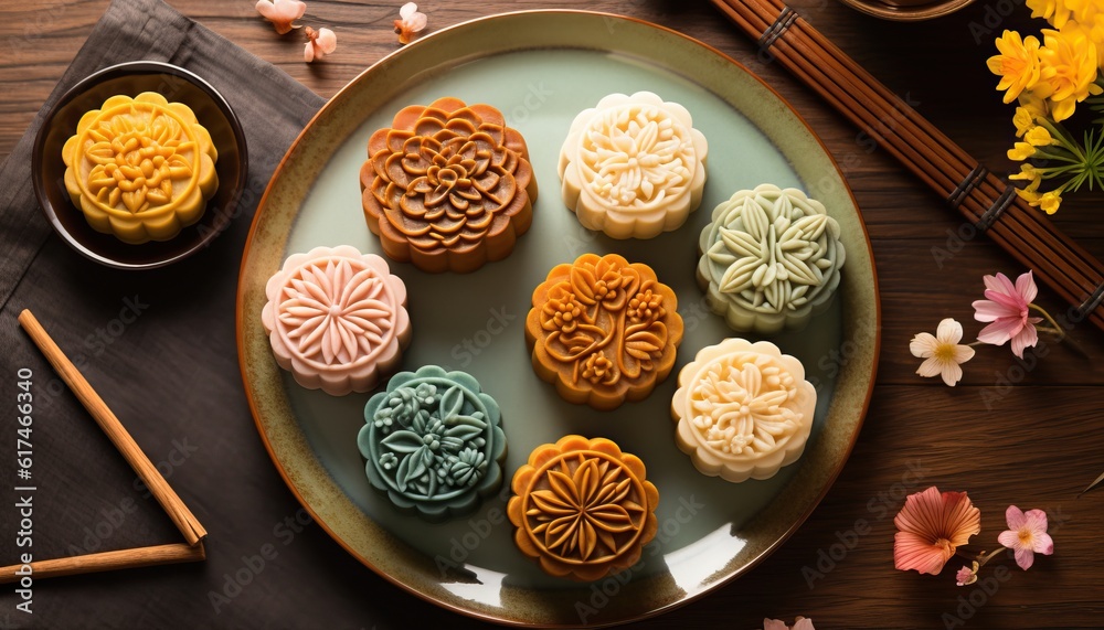 Generative AI illustration of Chinese Mid Autumn Festival moon cakes arranged on a traditional Chinese porcelain plate, set on a rustic wooden table. Flat lay, top down Generative AI illustration of Chinese Mid Autumn Festival moon cakes arranged on a traditional Chinese porcelain plate, set on a rustic wooden table. Flat lay, top down