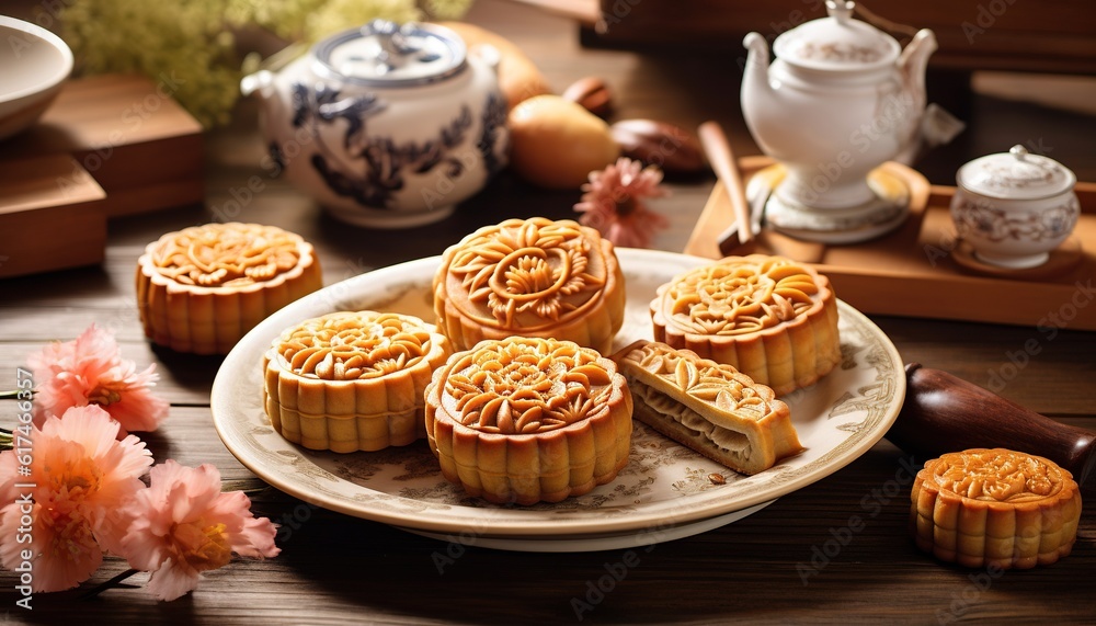 Generative AI illustration of Chinese Mid Autumn Festival moon cakes arranged on a traditional Chinese porcelain plate, set on a rustic wooden table Generative AI illustration of Chinese Mid Autumn Festival moon cakes arranged on a traditional Chinese porcelain plate, set on a rustic wooden table