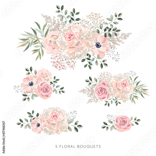 Set of the floral arrangements. Blush pink peony, rose flowers with green leaves bouquets, white background. Vector illustration. Romantic garden. Summer nature. Wedding design