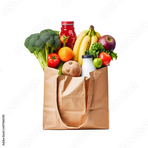 Supermarket. Paper bag full of healthy food. Generative AI - PNG File