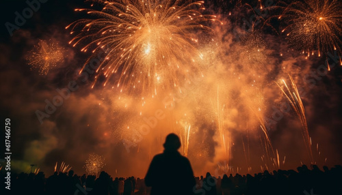 Glowing fireworks illuminate vibrant Fourth of July celebration generated by AI