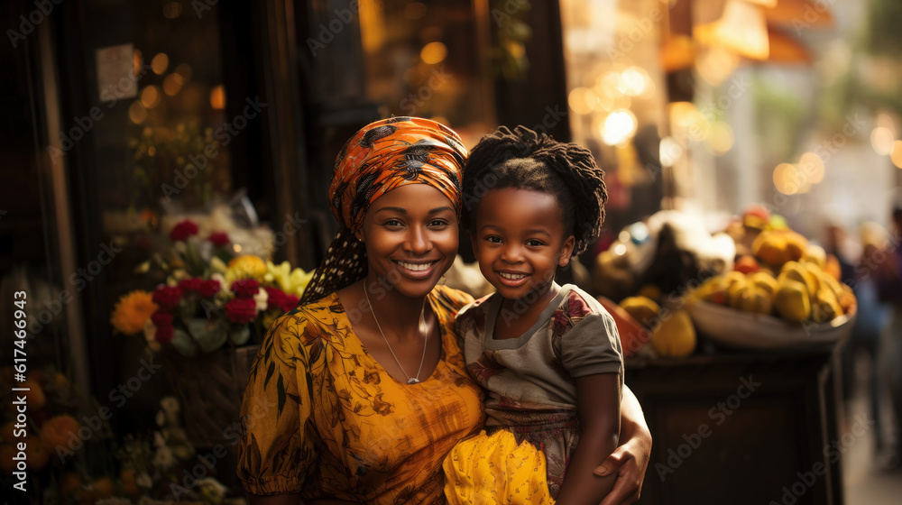 Portrait of african mother and daughter smiling at the camera in the street. Generative AI.
