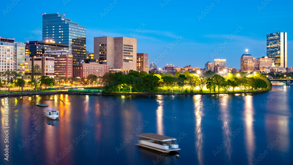 Boston in Massachusetts, USA at sunrise showcasing the Backbay neighborhood with its skyscrapers and historic buildings.