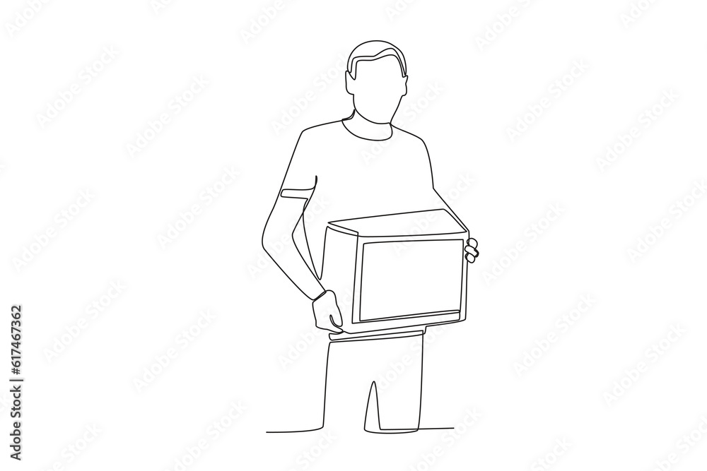 A man holds a cardboard box to help humans. World humanitarian day one-line drawing A man holds a cardboard box to help humans. World humanitarian day one-line drawing