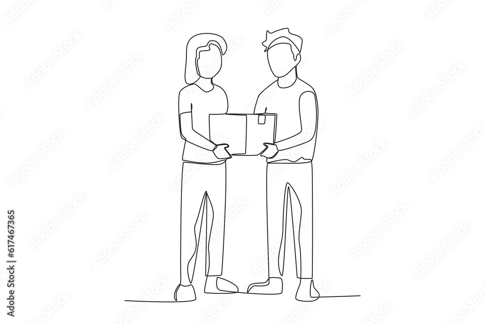 Two volunteers give help to fellow humans. World humanitarian day one-line drawing Two volunteers give help to fellow humans. World humanitarian day one-line drawing