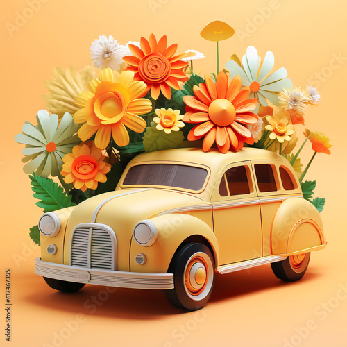 illustration of a cute retro car on a background of flowers. Generative AI.