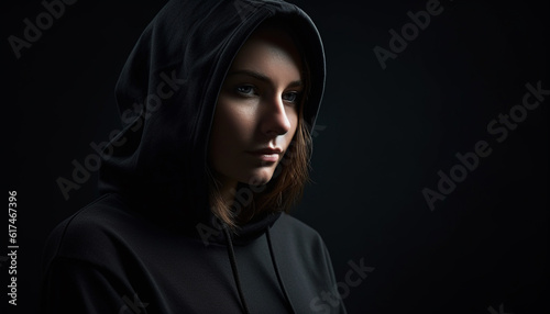 Confident beauty in black hoodie, mystery indoors generated by AI