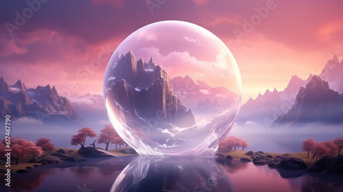  Illustration of a fantasy landscape a large glass sphere in the middle of the river with mountains in the background. Generative AI.