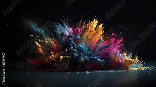  Illustration of a explosion of colors on a black background . Generative AI.