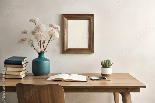  interior designs with table  lamp  frame and books with vase of flowers Generative Ai
