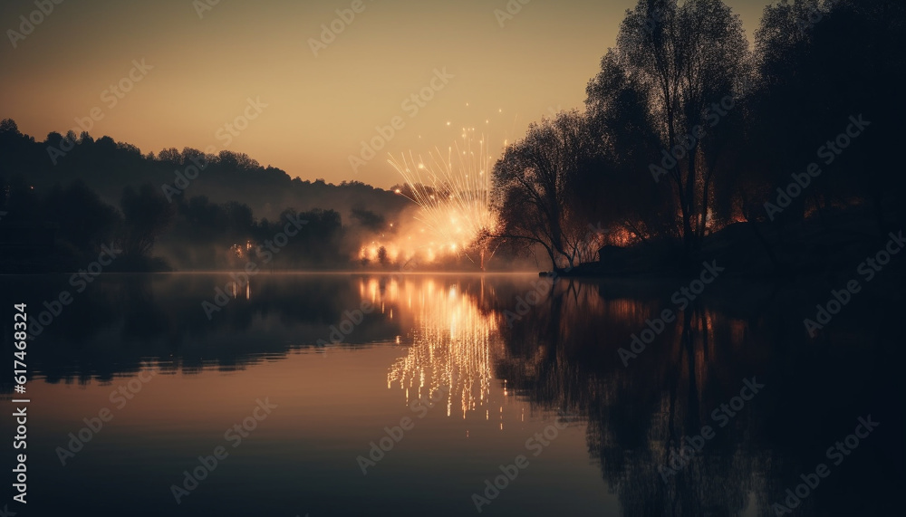 Tranquil scene, nature beauty illuminated at dusk generated by AI