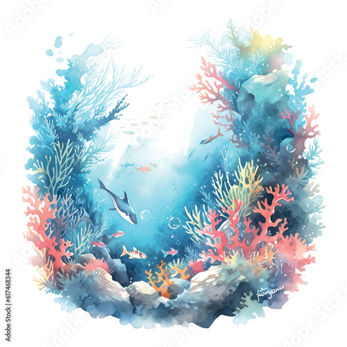 Valokuvatapetti Beautiful colorful underwater world watercolor deep white background for print design