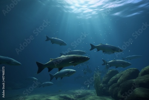 A detailed illustration of a group of fish, such as salmon or trout, in a beautiful and tranquil underwater environment, Generative AI © FRANCISCO