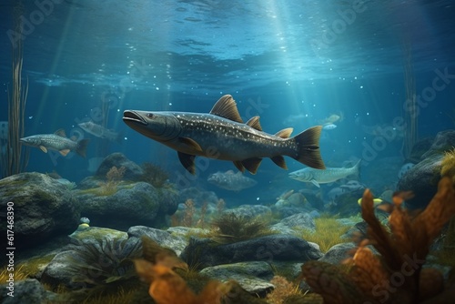 A detailed illustration of a group of fish, such as salmon or trout, in a beautiful and tranquil underwater environment, Generative AI