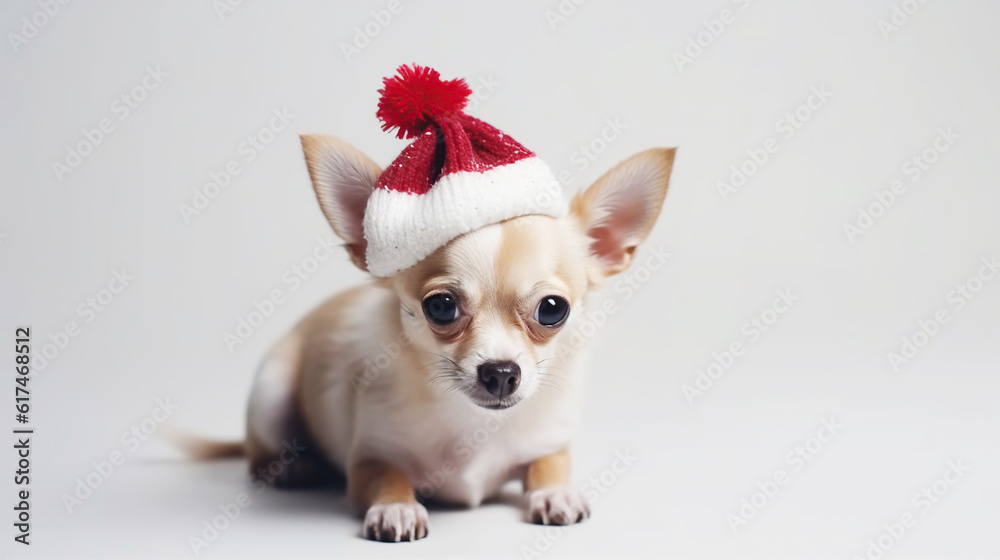 Cute little puppy in santa claus hat, light background copy space. New Year, holiday concept. Template for a postcard Cute little puppy in santa claus hat, light background copy space. New Year, holiday concept. Template for a postcard