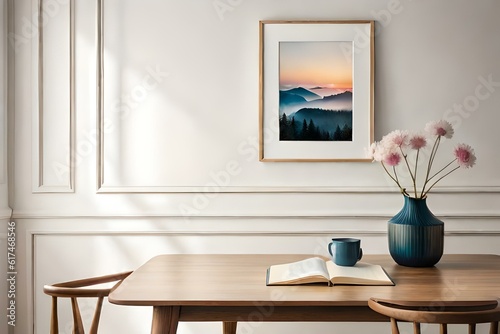  interior designs with table, lamp, frame and books with vase of flowers Generative Ai